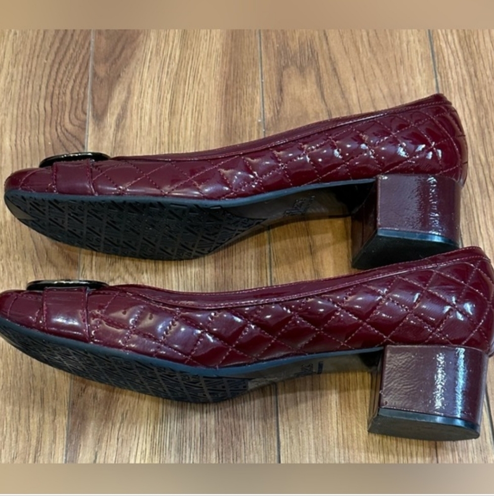 Anne Klein Burgundy Patent Quilted Low Block Heel Pumps with Buckle - Picture 4 of 11